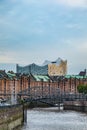 Historic Speicherstadt in Hamburg, an UNESCO world heritage site with Elb Philharmony