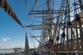 Historic square rig sailing ship rigging with leading lines and rope Royalty Free Stock Photo