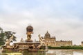 Historic stately home of Castle Howard with Atlas fountain in foreground.
