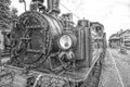 Historic steam powered railway train in black and white Royalty Free Stock Photo