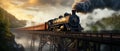 Historic Steam Train Crossing a Bridge - AI Generated