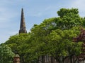 Historic stone tower behind lush green trees in Newcastle, UK