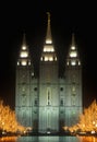 Historic Temple and Square in Salt Lake City at night, during 2002 Winter Olympics, UT