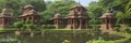 Historic temples and mosques of Mumbai, India, surrounded by green gardens and ponds.