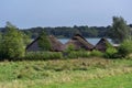 Historic thatched roof houses in the viking village of Hedeby on the banks of the Schlei in Northern Germany, copy space