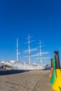 Historic three mast sailing ship at the quay in Stralsund