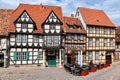 Historic timber frame houses in the medieval town Quedlinburg, North of the Harz mountains. Saxony-Anhalt, Germany - April 26,