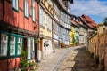 Historic timber frame houses in the medieval town Quedlinburg, North of the Harz mountains. Saxony-Anhalt, Germany - April 26, Royalty Free Stock Photo