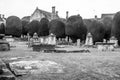 Historic tombs and yew trees in the churchyard at Painswick, England Royalty Free Stock Photo