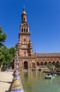 Historic tower at the canal of the Plaza Espana in Sevilla