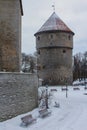 Historic tower defense tower in Old Town in winter. Estonia