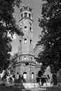 The historic tower of the Gothic red brick church in the city of Skwierzyna Royalty Free Stock Photo