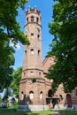 The historic tower of the Gothic red brick church in the city of Skwierzyna Royalty Free Stock Photo