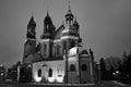 The historic towers of the Gothic cathedral at night Royalty Free Stock Photo