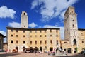 Historic towers and public cistern, Piazza della Cisterna, San Gimignano, Tuscany, Italy