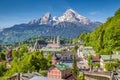 Historic town of Berchtesgaden with Watzmann mountain in spring, Berchtesgadener Land, Upper Bavaria, Germany