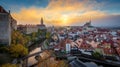 Historic town of Cesky Krumlov at sunrise in fall, Bohemia, Czech Republic