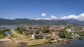 Panoramic aerial view to historic town Paraty with green mountains in background and sunny sky, Brazil, Unesco World Heritage Royalty Free Stock Photo