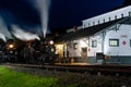 Historic Train Depot + Long Exposure Night View of Antique Shay Steam Locomotives - Cass Railroad - West Virginia Royalty Free Stock Photo