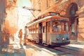 Historic tram in central Prague on a sunny day, watercolor AI generative sketch