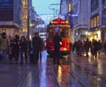A historic tram on Istiklal Avenue. Istiklal Avenue in the Beyoglu district of Istanbul.