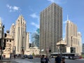 Historic Tribune tower on the left juxtaposed with the Equitable Building to the right, Chicago, Illinois