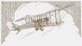 Historic two-seater biplane flying towards a large cumulus cloud Royalty Free Stock Photo