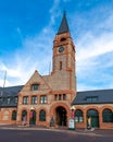 Historic Union Pacific Railroad train depot, a historic landmark, and it statue and boot adornments in Cheyenne, Wyoming