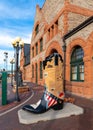 Historic Union Pacific Railroad train depot, a historic landmark, and it statue and boot adornments in Cheyenne, Wyoming