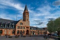 Historic Union Pacific Railroad train depot, a historic landmark, and it statue and boot adornments in Cheyenne, Wyoming