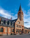 Historic Union Pacific Railroad train depot, a historic landmark, and it statue and boot adornments in Cheyenne, Wyoming