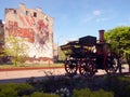 The historic vehicle fire and a mural of Lodz.