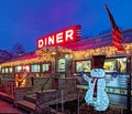 historic Red Hook New York railroad dining car at night with Christmas dÃ©cor