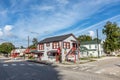 Historic vintage building, street at downtown old town spring . A city inear houston in old vintage style with wooden colorful