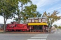 Historic vintage building, street at downtown old town spring . A city inear houston in old vintage style with wooden colorful