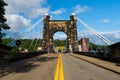 Historic Wheeling Suspension Bridge + Downtown Buildings - Ohio River - Wheeling, West Virginia Royalty Free Stock Photo