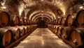 Historic Wine Cellar with Wooden Barrels and Arched Ceiling Royalty Free Stock Photo