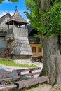 Historic wooden belfry in rural UNESCO village Vlkolinec in Slovakia