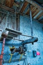 Historic wooden goods elevator with pulley rope Royalty Free Stock Photo