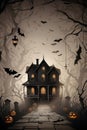 A historic wooden medieval mansion that reflects Halloween, with bats and pumpkins carved with devilish faces.