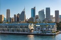 Historic Woolloomooloo wharf with Sydney CBD skyscrapers on the