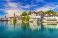 Historic Zurich city center with famous Fraumunster Church and Limat river, Switzerland