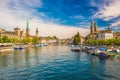 Historic Zurich city center with famous Fraumunster Church, Limmat river and Zurich lake, Switzerland