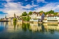Historic Zurich city center with famous Fraumunster Church, Limmat river and Zurich lake