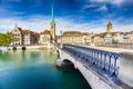 Historic Zurich city center with famous Fraumunster Church, Limmat river and Zurich lake Royalty Free Stock Photo