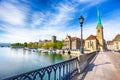 Historic Zurich city center with famous Fraumunster Church, Limmat river and Zurich lake, Zurich, Switzerland