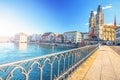 Historic Zurich city center with famous Fraumunster Church, Limmat river and Zurich lake, Zurich, Switzerland Royalty Free Stock Photo