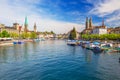 Historic Zurich city center with famous Fraumunster Church, Limmat river and Zurich lake, Zurich, Switzerland