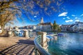 Historic Zurich city center with famous Grossmunster Church and Limmat river Royalty Free Stock Photo