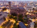 Historical aerial view of Limoges Cathedral illuminated at dusk, France